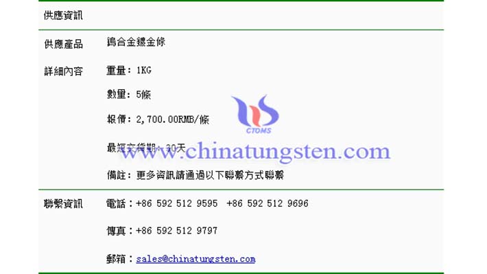 鎢合金鍍金條價(jià)格表圖片