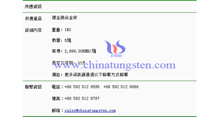 鍍金鎢合金條價(jià)格表圖片