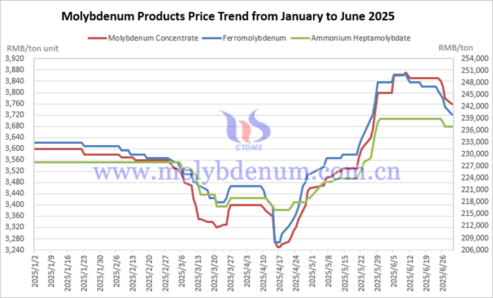Price trend of Chinese molybdenum products from January to June 2025