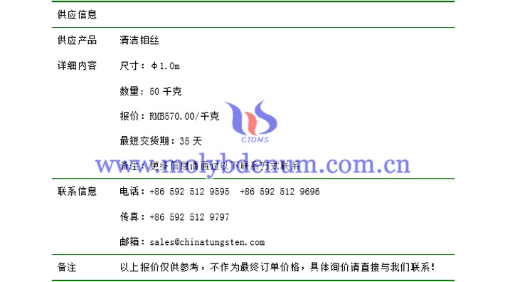 清潔鉬絲價(jià)格表圖片