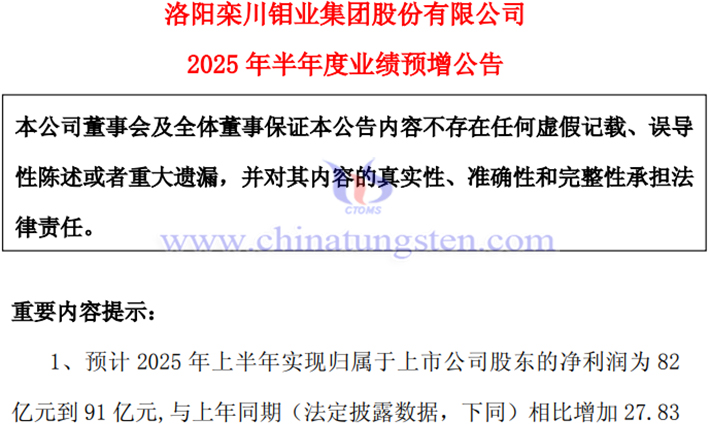 洛陽鉬業(yè)2025年上半年凈利預(yù)增公告